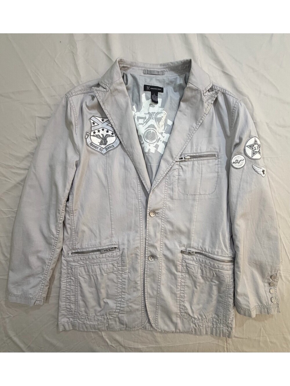 INC International Concepts Women’s L Gray Military Patch Cotton Blazer Jacket